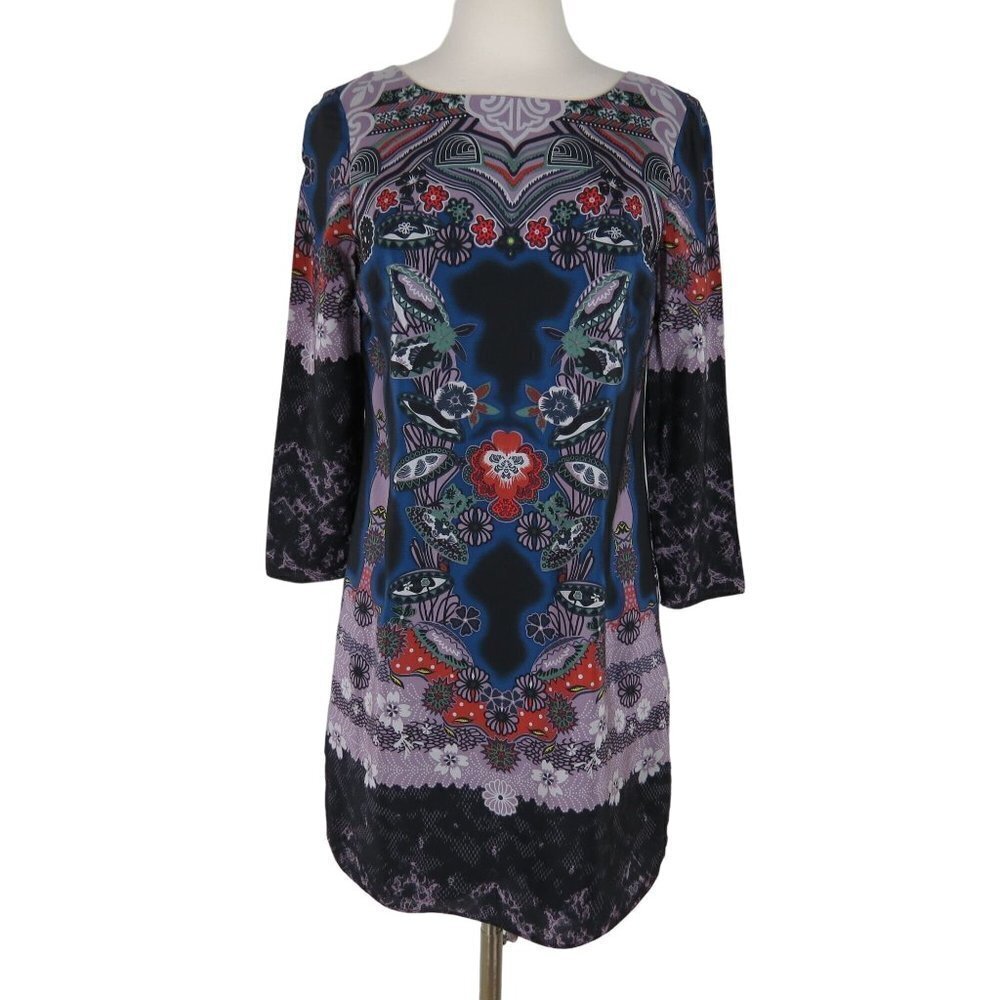 TIBI Women's Dark Colorful Kaleidoscope Floral Print 100% Silk Shift Dress 4